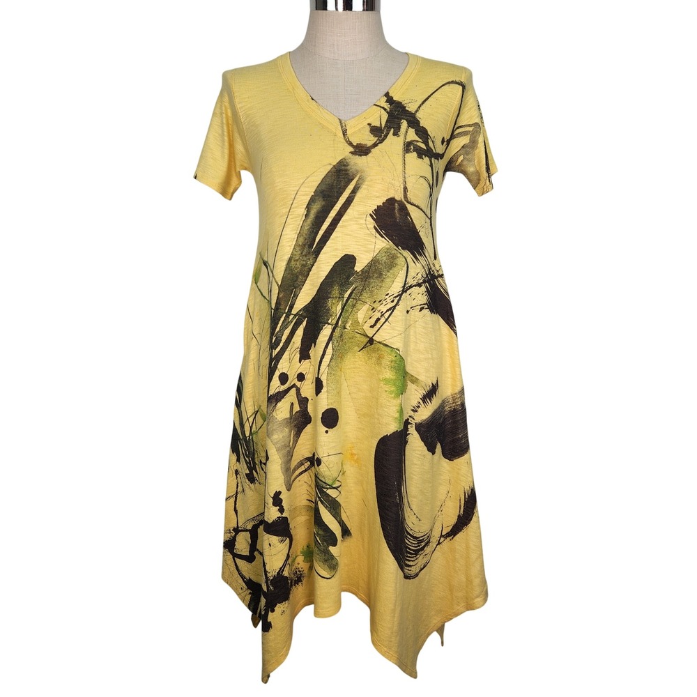 Inoah Womens‎ XS Yellow Wearable Art Print Sharkbite Hem V-Neck Pocket Dress USA